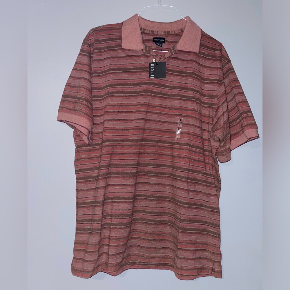 🐒NWT Van Heusen Men's Striped Polo Shirt - Pink and Brown
